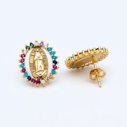 Stud Earrings 4pcs Colourful CZ Paved Hollow Virgin Mother Mary Lady Guadalupe Ear Post Medallion Religious Jewellery GB-1383