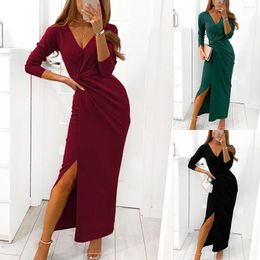 Casual Dresses Sexy Deep V-neck Slit Maxi Dress Woman Autumn Long Sleeve Solid Corset For Women 2023 Black Bocycon Club Robe Femme