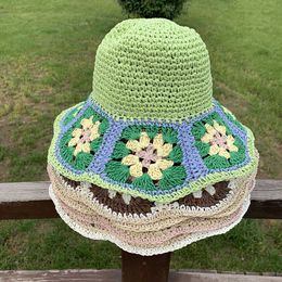 Wide Brim Hats 2022 Summer New Straw Hat Japanese Flower Handmade Crochet Caps Panama UV Protection Sun Visor Beh Hats Women P230311