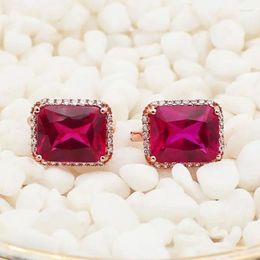 Dangle Earrings 585 Purple Gold Plated 14K Rose Inlaid Crystal Square Ruby For Women Glamour Luxury Engagement Jewelry
