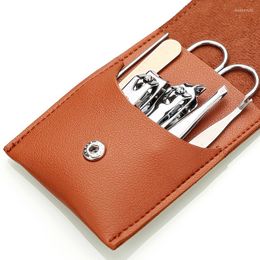 Nail Art Kits 7pcs Stainless Steel Folding Leather Buckle Clipper Set Scissors Ear Spoon Tweezer Beauty Tools Kit
