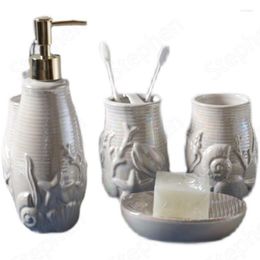 Bath Accessory Set Ocean Shell Starfish Relief Ceramic Bathroom Decoration Accessories Mediterranean Classical Home Five-piece