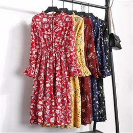 Casual Dresses 27 Colours 2023 Spring Printing Tie Long Ladies Chiffon Dress Large Size Sleeve Elastic Waist High Quality Women's