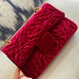 Classic Double Flap Velvet Flower Camellia Bag Quilted Gold Metal Hardware Matelasse Chain Shoulder Multi Pochette Turn Lock Designer Velour Handbag 25CM For Women