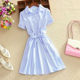 Casual Dresses Elegant Office Summer Dress Shirt Blue Cotton Turn Down Collar Wear to Work Shirts Women