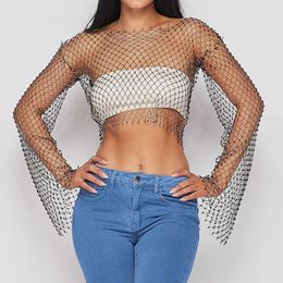 Women's TShirt Glitter Diamonds Fishnet Tops Blusa Sparkly Women Long Sleeve O Neck Sexy Hollow Out See Through Club Party Tees 230311