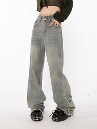 Women's Jeans High Waist Straight Tube Washed Jeans Women's Vintage Raw Edge Baggy Denim Pants Streetwear American Style Wide Leg Trouser 230311