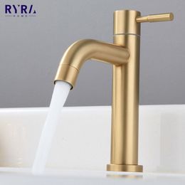 Bathroom Sink Faucets SUS 304 Faucet Home Brushed Gold Stainless Steel Basin Faucet Bathroom Cold Water Faucet Deck Mounted Bathroom Vessel Sink 230311