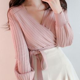 Women's Knits Tees Sexy Vneck Bandage Short Crop Sweater Knitted Cardigan Long Sleeve Wrapped Jumper Korea Fashion Ladies Tops 230310