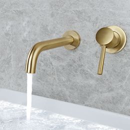 Bathroom Sink Faucets Luxury Brushed Gold Tap Wall Mount Bathroom Basin Sink Faucet Solid Brass Single Handle and Cold Mixer Golden Bathtub Faucet 230311