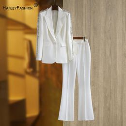 Womens Two Piece Pants Luxury Office Lady Suit Shoulder Long Sleeve Line Single Button Blazer Solid Flared Pant 2Pcs 230310