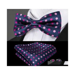 Groom Ties Cummerbunds Dark Blue And Pink Dots Jacquard Woven Silk Bow Tie Handkerchief Cuffs Standard Wholesale Men Accessories D Dhrqy