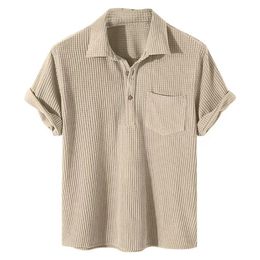 Men's Polos Casual Plaid Polo Shirts Top TurnDown Collar Button Blouse Short Sleeve Solid Pocket Shirt Men clothing 230311