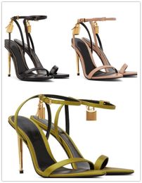 Luxury TOMFDSL Sandals metal padlock Narrow word bands high-heeled sandal 10.5cm women's leather high-heeled shoes original box transportation