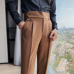 Men's Pants Fashion Trousers Man High Waist Khaki White Black Business Casual Suit Pants Belt Cuffs Korean Clothing Solid Vertical Bottom 230311