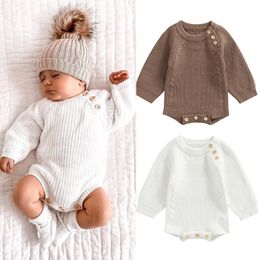 Rompers FOCUSNORM 2 Colors Baby Girls Boys Knit Sweater Romper 0-18M Solid Long Sleeve Button Warm Autumn Jumpsuits 230311