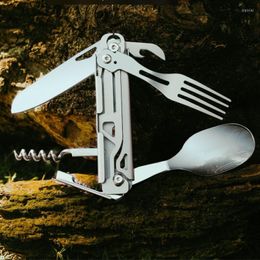 Dinnerware Sets 420 Stainless Steel Pocket Knife Multi-Tool Portable Fork And Spoon Set Outdoor Survival Camping Folding Detachable