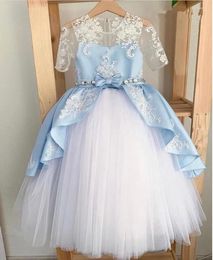 Girl Dresses Formal Sky Blue Puffy Tulle Flower Dress For Wedding Ball Gown Baby Clothes Crystal Sash Kids Birthday Party Lace Bow