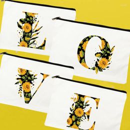 Cosmetic Bags Letter Sunflower Print Girl Makeup Women Case Toiletries Organizer Female Clutch Storage Make Up Pouch Pencil