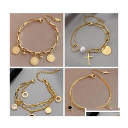 Jewelry Stainless Steel Charm Bracelets Layered Golden Pendant Bracelet For Women Retro Punk Gothic Portrait Coin Cross Pearl 4 D3 D Dhkei