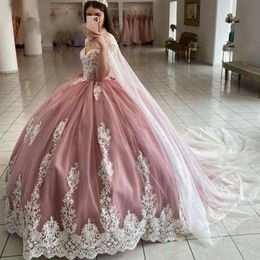 Quinceanera Dresses Elegant Cloak Sweetheart Lace Appliques Ball Gown with Tulle Plus Size Sweet 16 Debutante Party Birthday Vestidos De 15 Anos 36