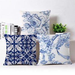 Pillow Chinese Style Blue And White Porcelain Flower Pattern Cover Sofa Chair Decorative Cotton Linen /Decorative