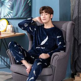 Men's Sleepwear Men's Pajamas Winter Warm Coral Fleece Sleepwear Thickened Flannel Pajamas Sets Long Sleeve Cartoon Nightwear Lounge Set For Men 230311