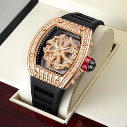 Wristwatches Luxury Tonneau Shape Men's Quartz Watch Hollow Back Shell Inlaid Rhinestone Dial Design PU Strap Man Hip Hop Wristwatch