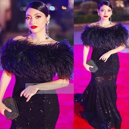 Ebi Arabic Mermaid Aso Black Prom Dresses Feather Sequined Lace Evening Formal Party Second Reception Birthday Engagement Gowns Dress ZJ