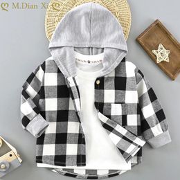 Kids Shirts Spring and Autumn Children's Shirts Clothing Boys Hooded Plaid Shirts Boys Girls Baby Long Sleeve Checkered Bottoming Coat 230310
