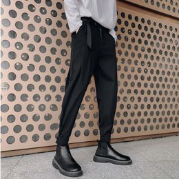 Men's Pants Spring Summer Men Harem Pants with Belt Fashion Tapered Ankle-length Bottoms Elastic Waist Casual Suit Pants Black Grey 230311