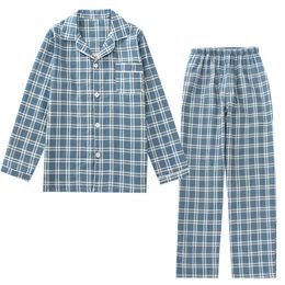 Men's Sleepwear Men's Plaid Pyjama Suit 100% Cotton Gauze Thin Casual Pijama Set Long Sleeves Long Trousers Mens Pyjama Autumn Men Sleepwear 230311