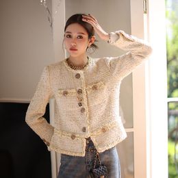 Women's Jackets Gold Sequined Women Wool Tweed Coat Winter Autumn Thick Fabric Buttons Loose Casual Lady Formal Outwear Clothes