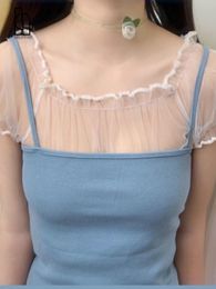 Women's Blouses & Shirts Summer Women Sweet Lolita Style Kawaii Slash Neck Ruffles Mesh Female Sexy Cute Short Puff Sleeve Blusas MujerWomen