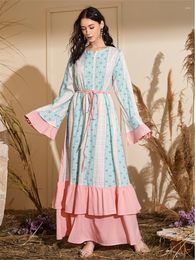 Casual Dresses Muslim Dress Fashion Printing Panelled Women Abaya Middle East Long Kimono Belt Dubai Turkey