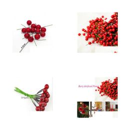 Decorative Flowers Wreaths 100Pcs/Lot Artificial Holly Berries Flower Silk Fruits Wedding Christmas Bonsai Plants Tn