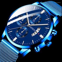 Wristwatches Classic Blue Stainless Steel Mesh Mens Watches Geneva Watch For Men Fashion Quartz Drop Reloj Hombre XFCS