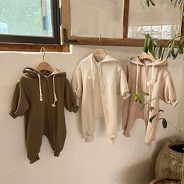 Rompers Baby Long Sleeve Hooded Romper Autumn Solid born Casual Jumpsuit Sweatshirt Cute Toddler Boy Girl Cotton Clothes 230311