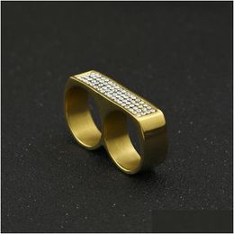 Band Rings Mens Double Finger Ring Fashion Hip Hop Jewellery High Quality Iced Out Stainless Steel Gold Drop Delivery Dhpdd