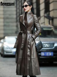 Women's Jackets Nerazzurri Autumn Long Brown Black Soft Faux Leather Trench Coat for Women Belt Skirted Elegant Luxury Fashion 5xl 6xl 7xl 230310