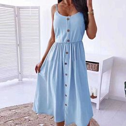 Casual Dresses Elegant Ladies Summer Long Dress Fashion Single-breasted Casual Party Midi Dresses For Woman Sexy Spaghetti Sundress Robe Femme G230311