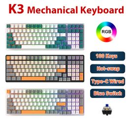 K3 hot-swappable Gaming Mechanical Keyboard 100 Keys RGB Backlight USB Type-C Wired Gaming Keyboards For Gamer Desktop PC