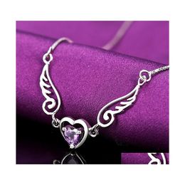 Jewellery 925 Sterling Sier Pendant Necklace Angel Wings Female Purple Zircon Love Heart Shaped Short Drop Delivery Wedding Party Even Dhzbp