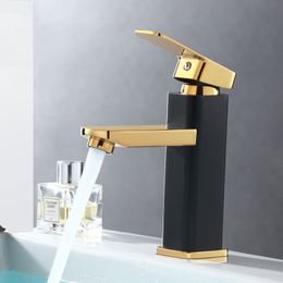 Bathroom Sink Faucets Single Hole Bathroom Basin Faucet Brass Black Copper Bottom Square Baking Paint Cold Sink Taps With 2Pcs Hose 230311