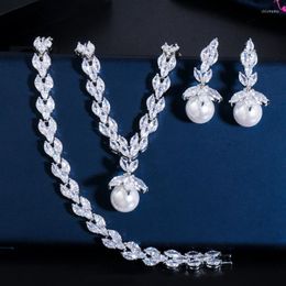 Necklace Earrings Set BeaQueen Elegant Marquise Cubic Zirconia Crystal 3pcs Bracelet Earring And Pearl Bridal Wedding JS104