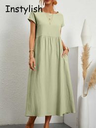 Casual Dresses Women Elegant Solid Maxi Dress Summer Short Sleeve O Neck Vintage Harajuku Cotton Linen Loose Sundress Y2K Pockets Long Dress G230311