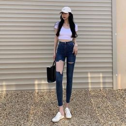 Women's Jeans Sexy Ripped Women Skinny Stretchy Ankle-Length Pants High Waist Casual Pencil Outdoor Slim Denim Trousers Female