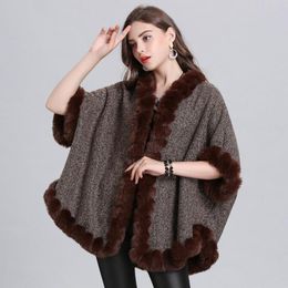 Women's Fur & Faux Winter Europe Fashon Oversize Loose Imitation Collar Knit Coats Female Bat Sleeve Cardigan Shawl Cloak Jackets F210