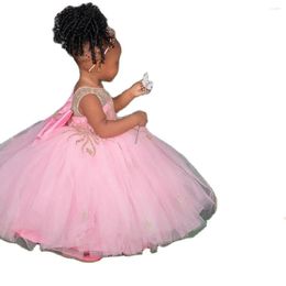 Girl Dresses Lace Pink 2023 Flower Sheer Neck Ball Gown Little Wedding Communion Pageant Gowns