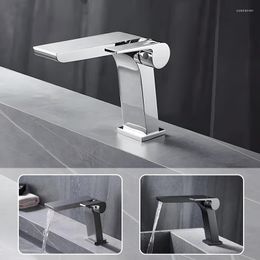 Bathroom Sink Faucets Square Chrome And Black Waterfall Basin Faucet Mixer Tap Wide Spout Vessel Fauet Cold Water Grey